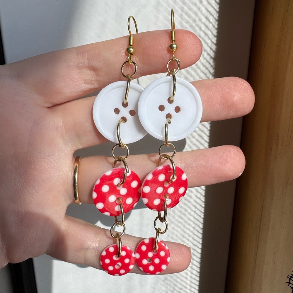 Handmade 2000s inspired red and white polkadot button earrings